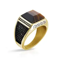 RB Ring Steel ROCK 15mm IP Gold and Tiger eyes Ø60