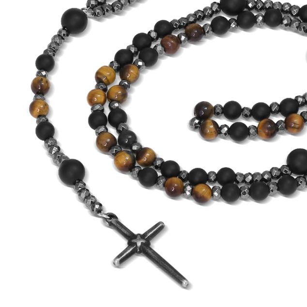 RB Rosary MYSTERES 60cm Beads Black agate Tiger eyes and He